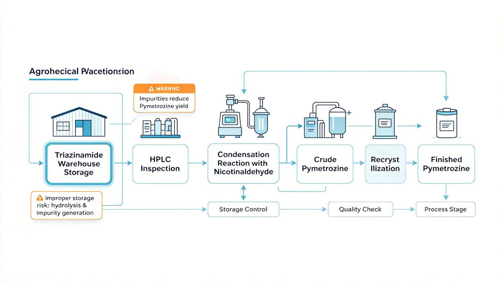 Pymetrozine production flow chart with storage & impurity risk node